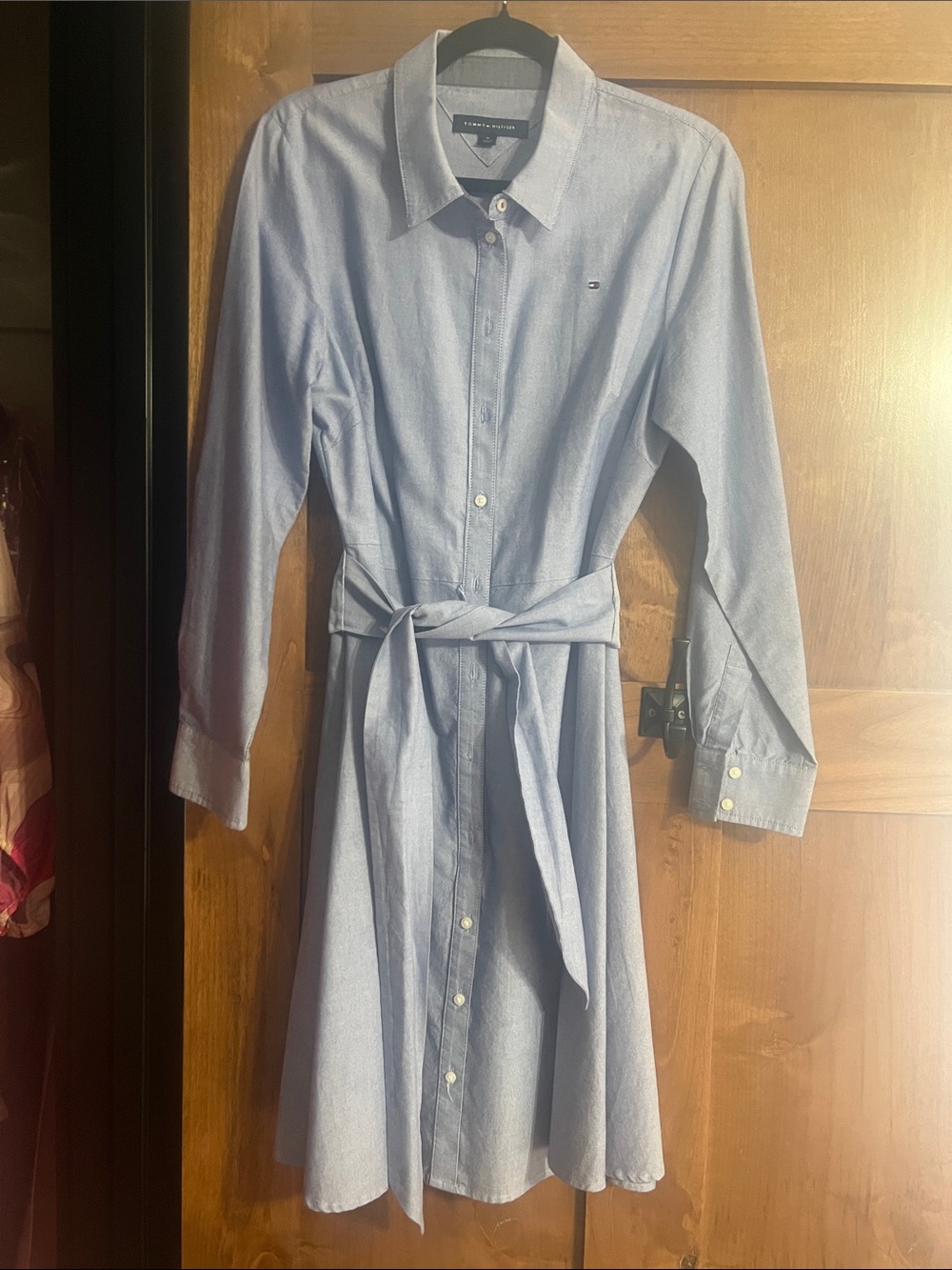 Tommy Hilfiger Light Blue Long-Sleeve Shirt Dress with Waist Tie
